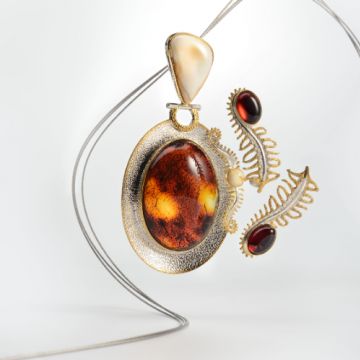 13. Pendant & Earrings: Baltic amber red and white colour, gold-plated silver setting