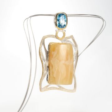 24. Pendant: Baltic amber, blue topaz, gold-plated silver setting